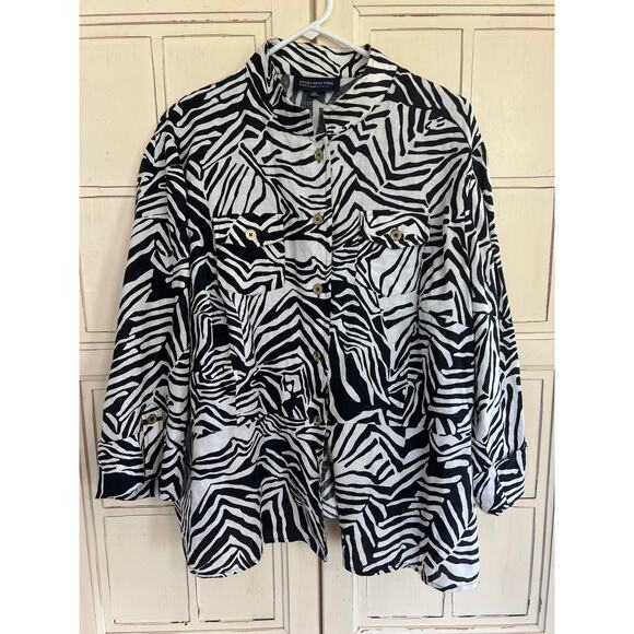 Jones New York size 2X black and white linen button down top - Picture 1 of 4